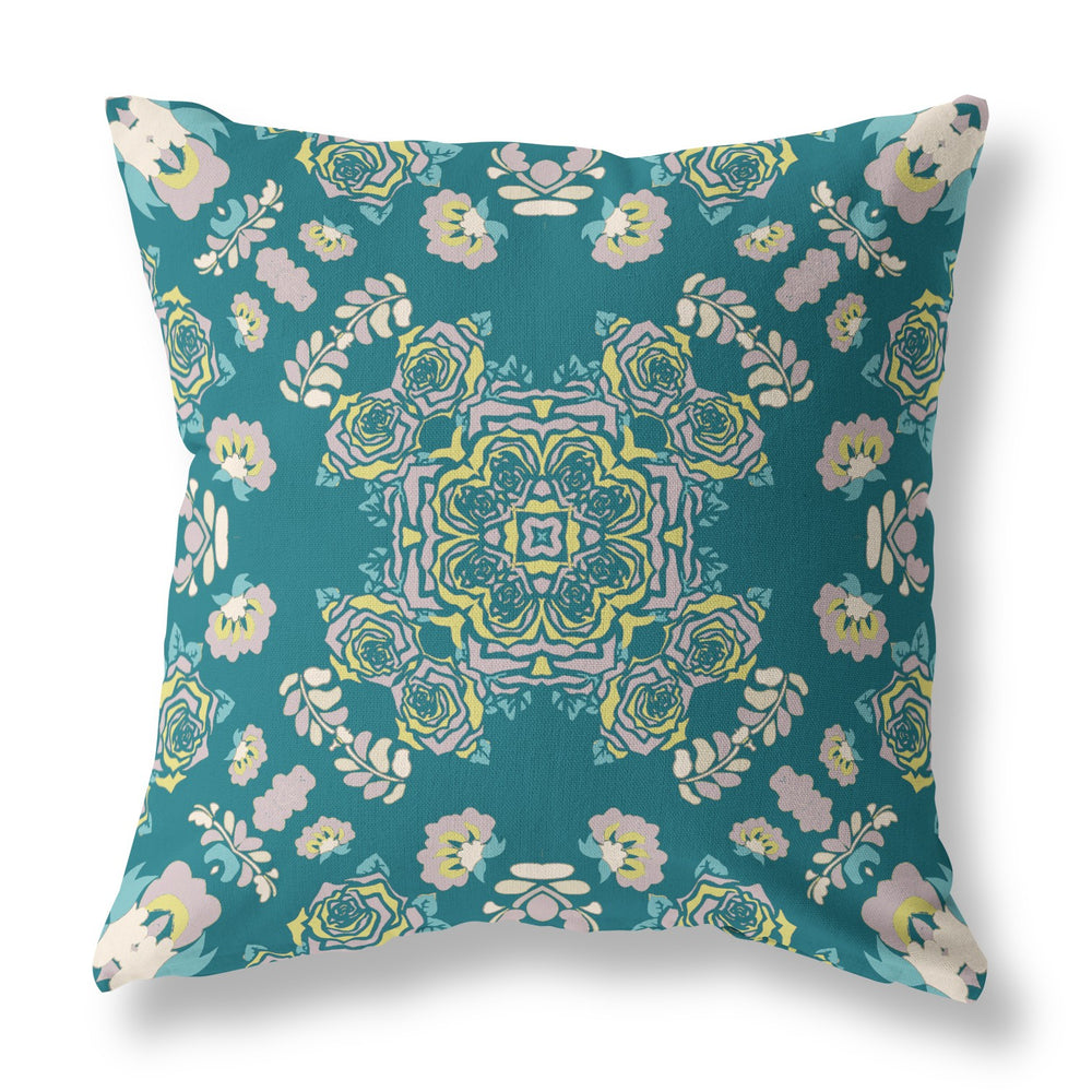 Homeroots 26” Teal Yellow Wreath Indoor Outdoor Zippered Throw Pillow   411288