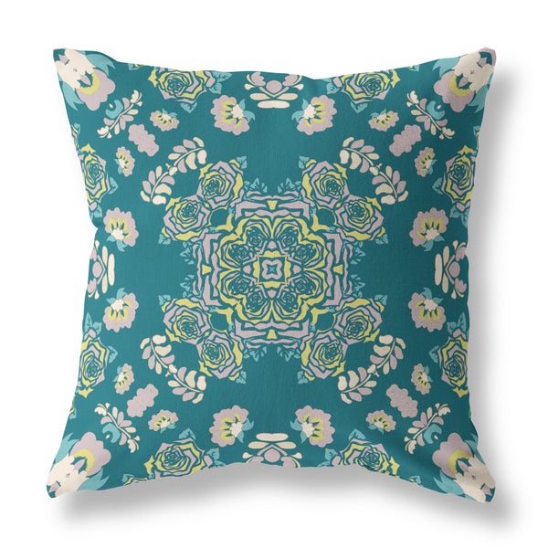 Homeroots 26” Teal Yellow Wreath Indoor Outdoor Zippered Throw Pillow   411288