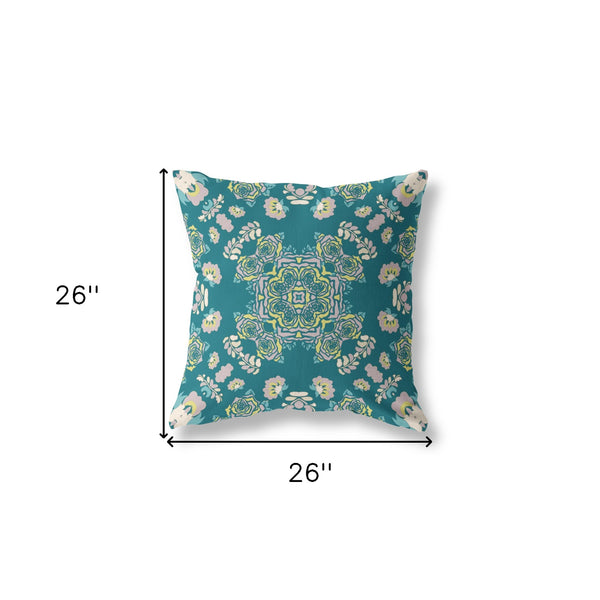 Homeroots 26” Teal Yellow Wreath Indoor Outdoor Zippered Throw Pillow   411288