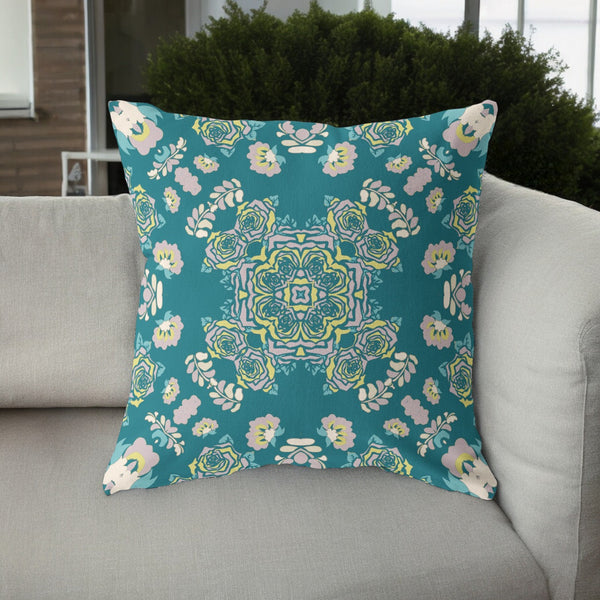 Homeroots 26” Teal Yellow Wreath Indoor Outdoor Zippered Throw Pillow   411288