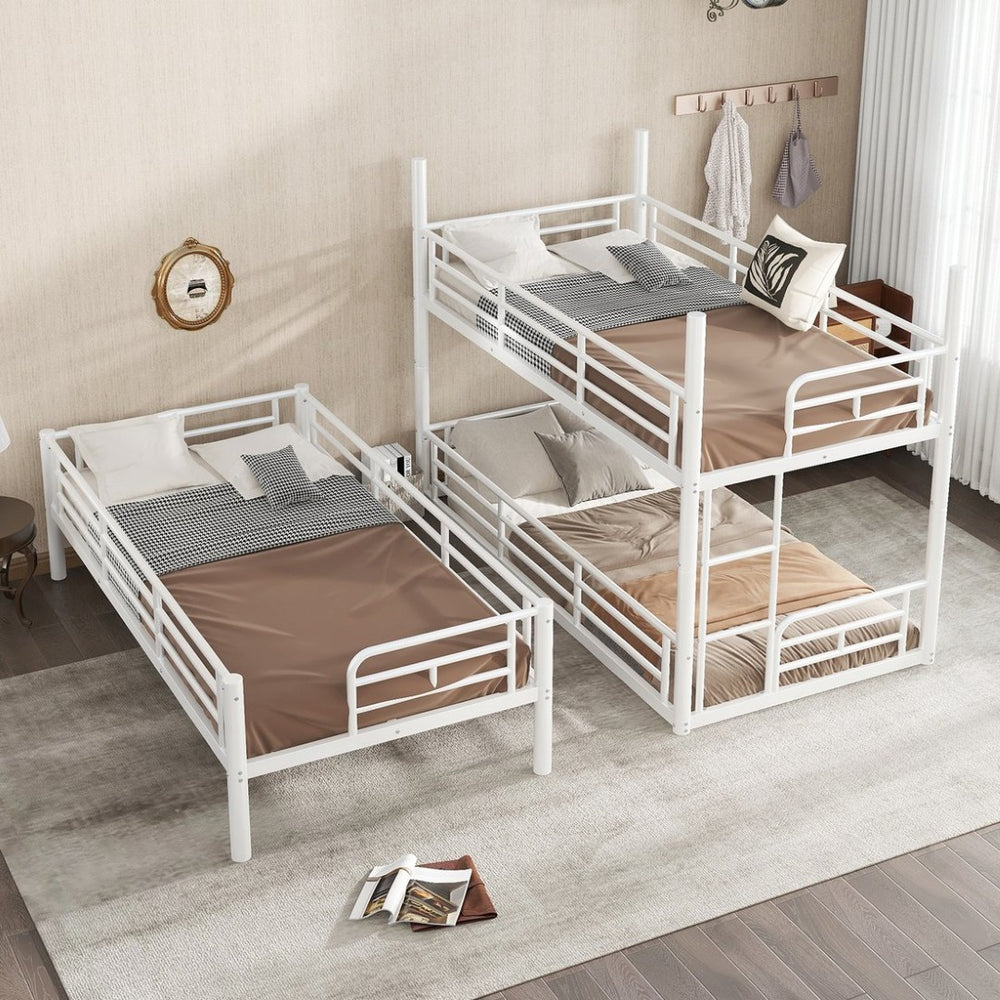 English Elm Twin Triple Metal Bunk Bed Matte Powder Coated Frame with Full Safety Guardrails Light White W1580S00579