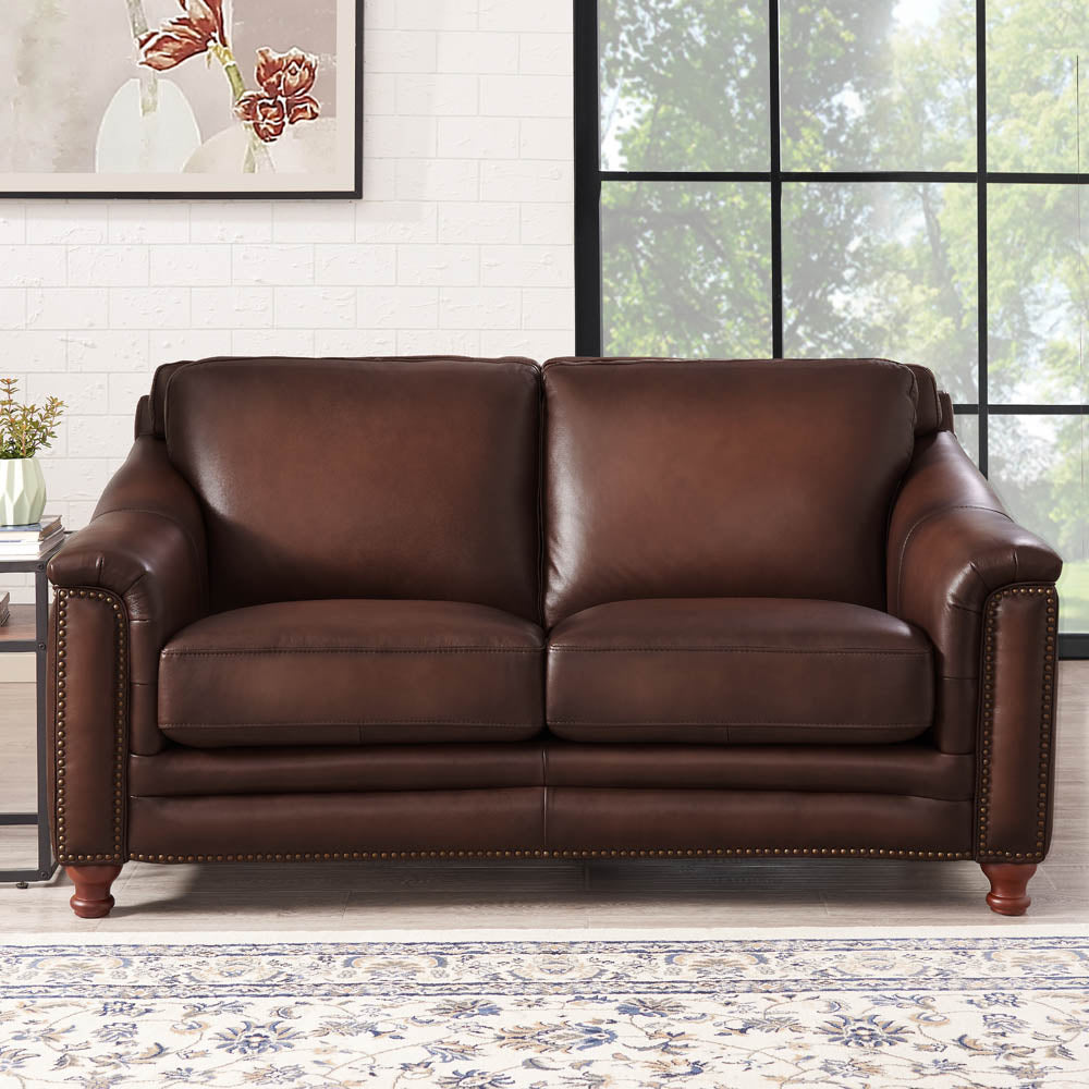 English Elm Belfast Curved Top Grain Leather Loveseat with Nail-Head Trim & Button Tufting for Timeless Elegance B2705P326229