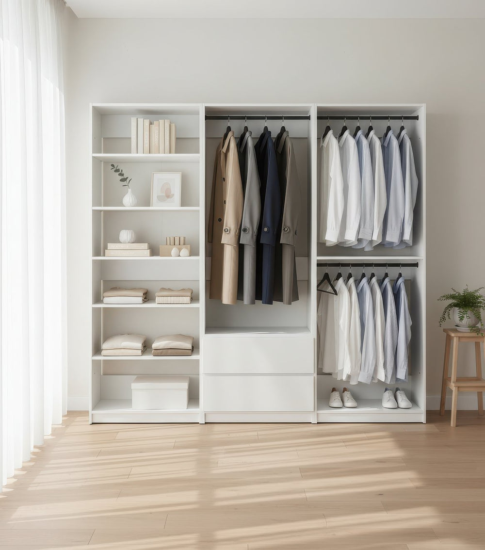 English Elm Prosper White Freestanding Walk In Wood Closet System – Durable Melamine Oak Finish, Modular Storage B040S00145