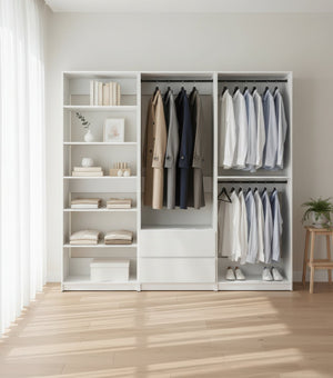 English Elm Prosper White Freestanding Walk In Wood Closet System – Durable Melamine Oak Finish, Modular Storage B040S00145