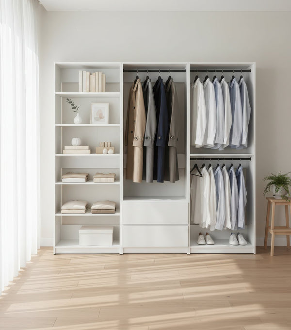 English Elm Prosper White Freestanding Walk In Wood Closet System – Durable Melamine Oak Finish, Modular Storage B040S00145