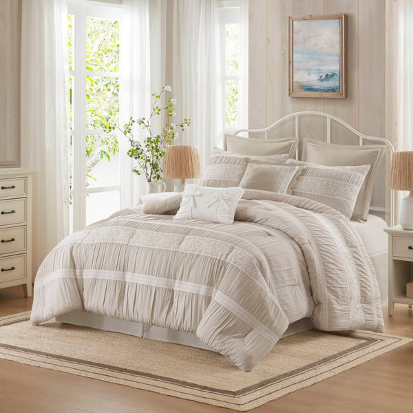 English Elm 7-piece Queen Jacquard Comforter Set Lace Accents Chambray Cottage Farmhouse Bedding Neutral B035P482888