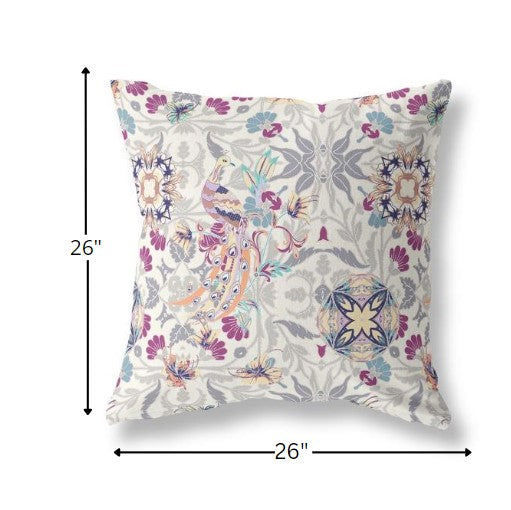 Homeroots 26" Gray Purple Peacock Indoor Outdoor Zip Throw Pillow   411318