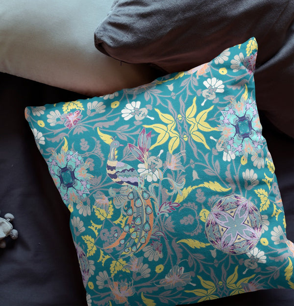 Homeroots 26" Teal Yellow Peacock Indoor Outdoor Zip Throw Pillow   411323