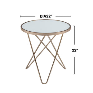 English Elm Frosted Glass Top Round Table Champagne Base — Mid-Century Accent End Table, Elegant Framed Design B016P314057