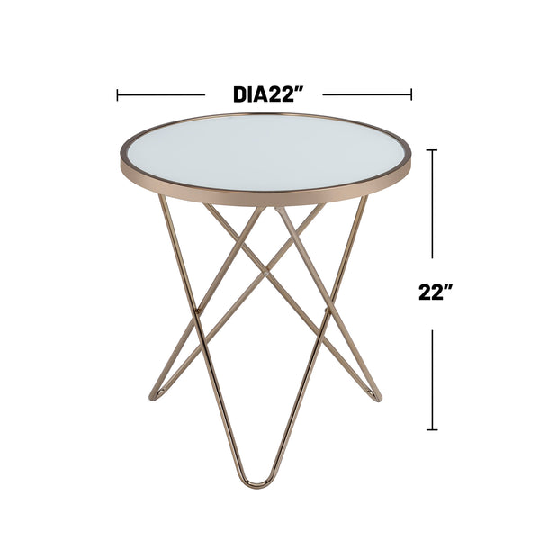 English Elm Frosted Glass Top Round Table Champagne Base — Mid-Century Accent End Table, Elegant Framed Design B016P314057