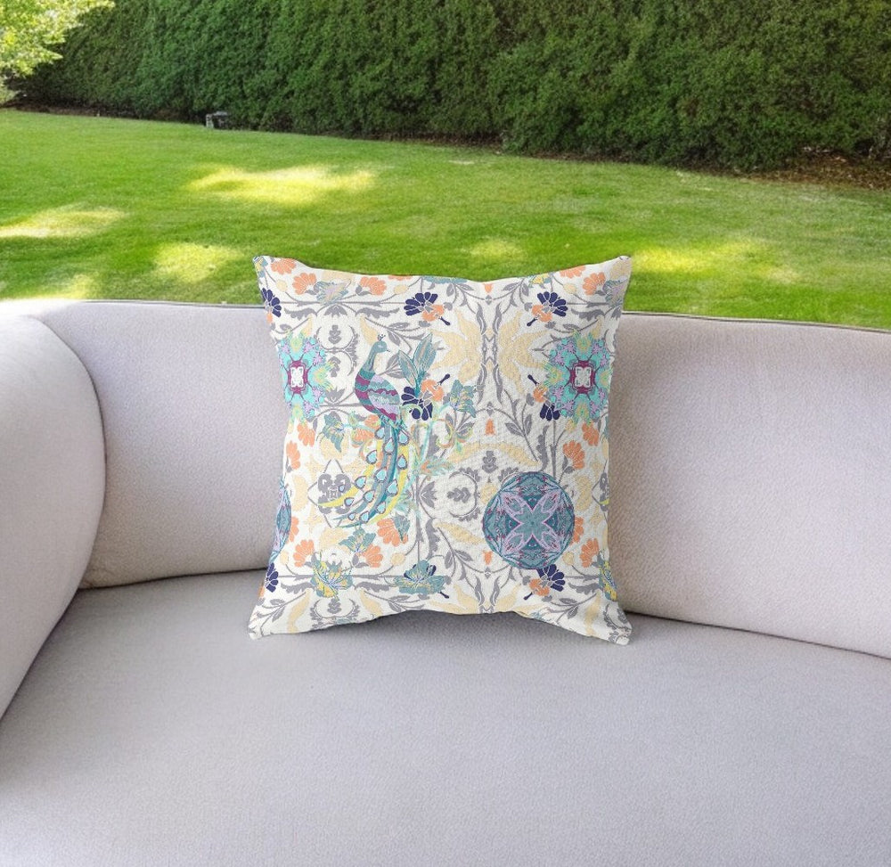 Homeroots 26" White Gray Peacock Indoor Outdoor Zip Throw Pillow   411348