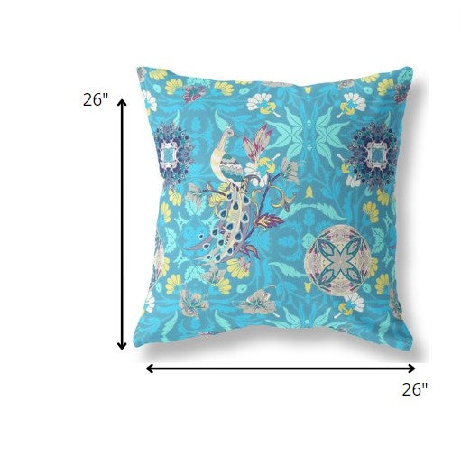 Homeroots 26" Turquoise Peacock Indoor Outdoor Zip Throw Pillow   411353
