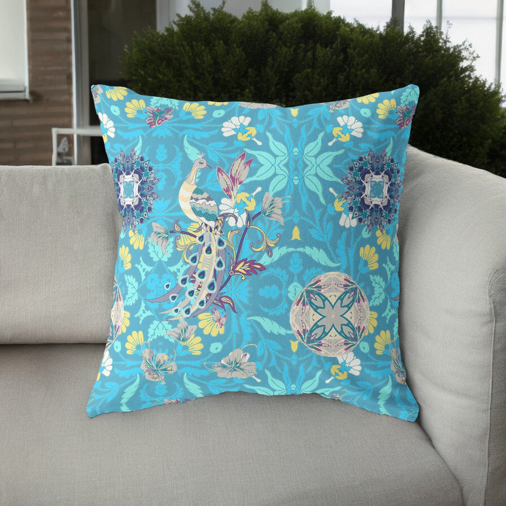 Homeroots 26" Turquoise Peacock Indoor Outdoor Zip Throw Pillow   411353