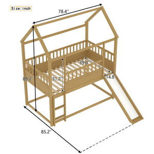 English Elm House Twin Bunk Bed with Built-In Slide and 3-Stage Ladder, Pine French Design with High Guardrail Safety Natural Wood W1858P241096