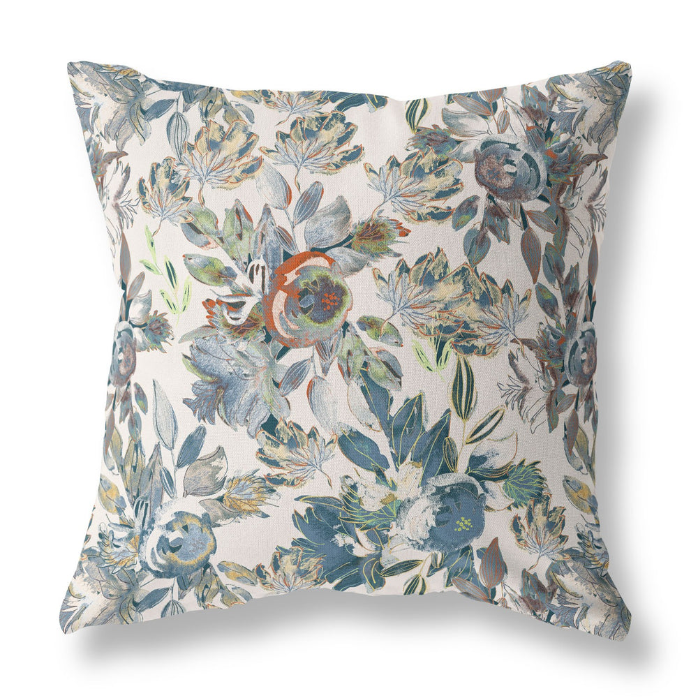 Homeroots 26” Blue White Florals Indoor Outdoor Zippered Throw Pillow   411411