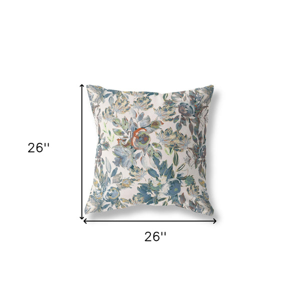 Homeroots 26” Blue White Florals Indoor Outdoor Zippered Throw Pillow   411411