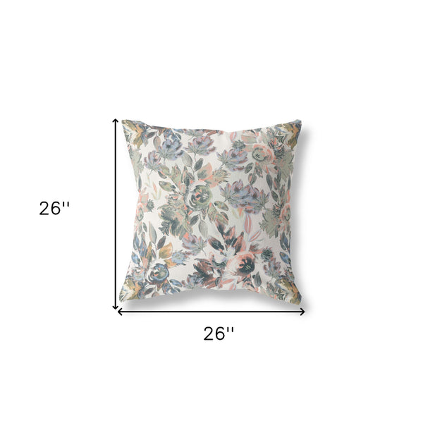 Homeroots 26” Pink Gray Florals Indoor Outdoor Zippered Throw Pillow   411427