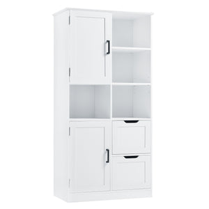 English Elm Bathroom Tall Storage Cabinet with Doors, 2 Drawers, Adjustable Shelf, Anti-Tip, MDF White, Sleek Handles WF530559AAK