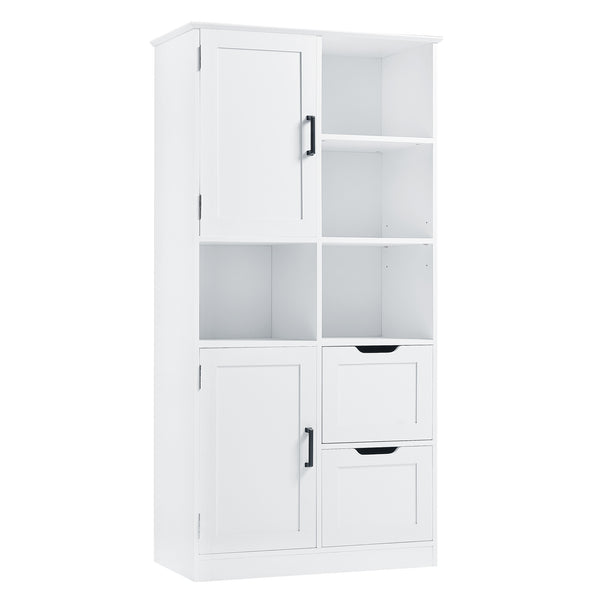 English Elm Bathroom Tall Storage Cabinet with Doors, 2 Drawers, Adjustable Shelf, Anti-Tip, MDF White, Sleek Handles WF530559AAK