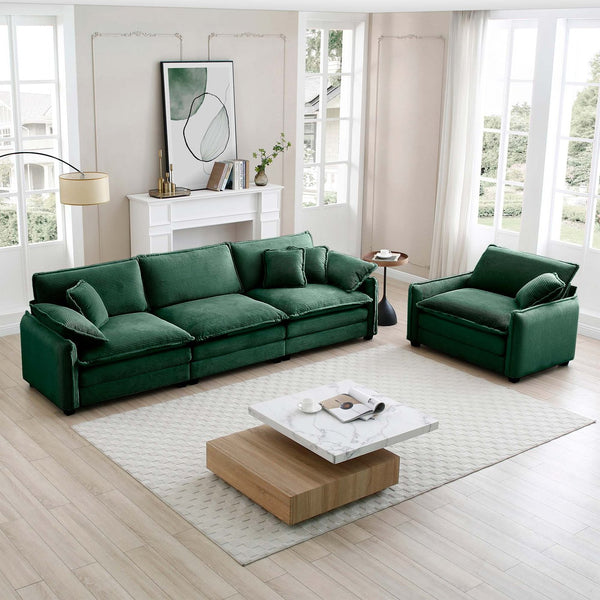 English Elm Mid-Century Modern Sofa Set - Stylish 2-Piece Green Corduroy Furniture With 4 Pillows For Comfort W714S00736