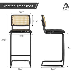 English Elm Counter Upholstered PU Leather Bar Stools Set of 2 with Rattan Back, 30" Cantilever Counter Stools Black, Anti-Slip Protectors T3623P353498