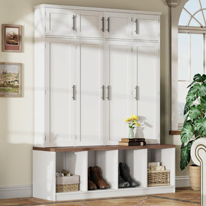 English Elm Farmhouse Hall Tree with Triple Arch Back Panel Eight Hooks Drawers and Entryway Bench White N721S000059K-1