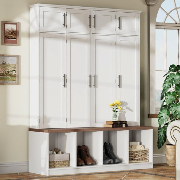 English Elm Farmhouse Hall Tree with Triple Arch Back Panel Eight Hooks Drawers and Entryway Bench White N721S000059K-1