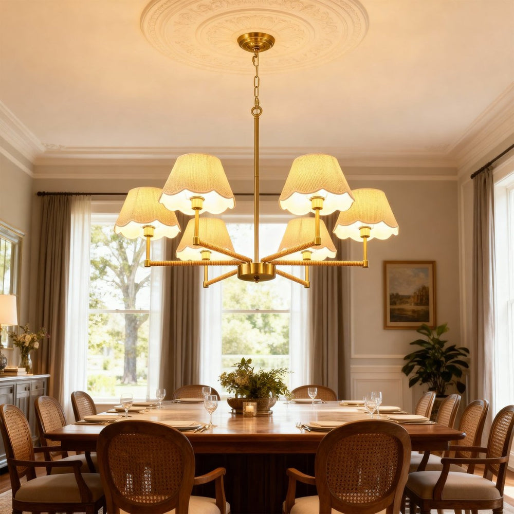 English Elm 8-light Gold Rope Wrapped Fabric Shade Chandelier for Dining and Living Rooms W5008P391565