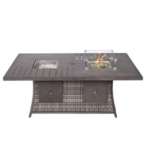 HomeRoots Gray Wicker Outdoor Gas Fire Pit Table with Ice Bucket & Stylish Cooler for Cozy Gatherings 411698