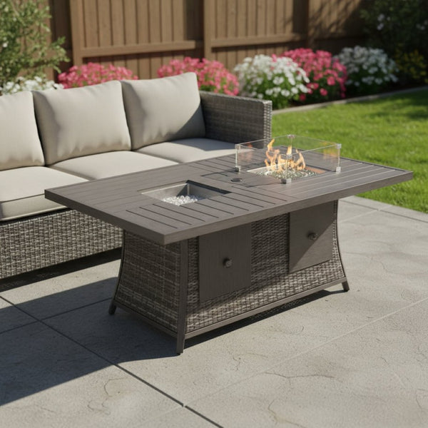 HomeRoots Gray Wicker Outdoor Gas Fire Pit Table with Ice Bucket & Stylish Cooler for Cozy Gatherings 411698