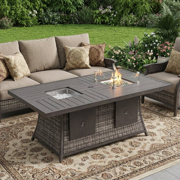 HomeRoots Gray Wicker Outdoor Gas Fire Pit Table with Ice Bucket & Stylish Cooler for Cozy Gatherings 411698