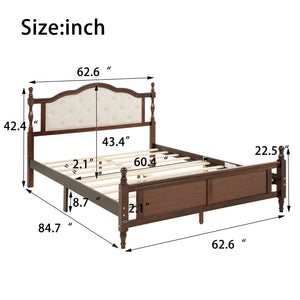 English Elm Queen Pine Upholstered Headboard Bed in Walnut — Modern Minimalist Queen Platform with Dual Support Feet, Space-Saving Design W504P268435