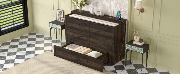 English Elm Queen Farmhouse Murphy Cabinet Bed with Charging Station and Storage Drawer Gray N733S361778G