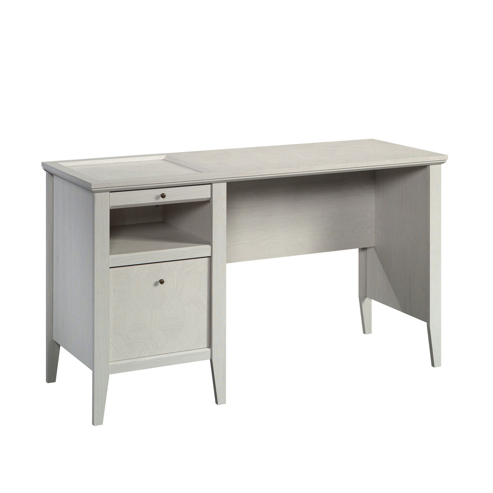 English Elm Desk, Light Grey Finish Large Desk with Full-Extension Drawer, Pull-Out Writing Surface & Cubby — Compact Durable Design for Home Office (59.13" L) B356P354415