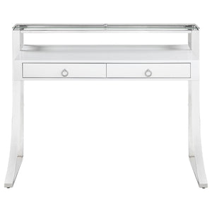 English Elm Serrano Glossy White Writing Desk with Tempered Glass Hutch, Polished Chrome Frame & 2 Drawers — Modern 48" MDF Workspace Perfect for Home Office Elegance B062S00713