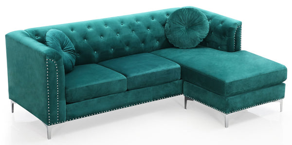 English Elm Pompano Velvet Green Sofa Chaise with Chrome Legs, Button Tufting & Pocketed Coil Cushions, Mid-Century Modern Comfort B078S00514