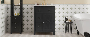 English Elm 24" Modern Bathroom Vanity with Ceramic Basin, French Country Cross-Grid Design & Soft-Close Drawers Black N710P280655B