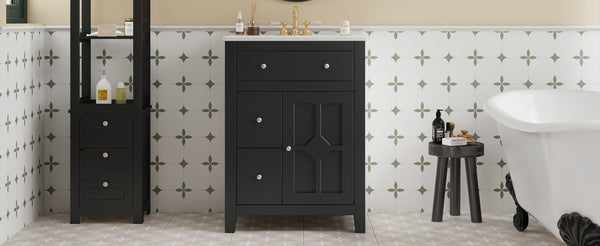 English Elm 24" Modern Bathroom Vanity with Ceramic Basin, French Country Cross-Grid Design & Soft-Close Drawers Black N710P280655B