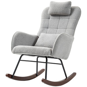 English Elm HOMCOM Boucle Rocking Chair with Headrest & Lumbar Pillow, High Back Plush Foam, Steel Frame, Light Gray W2225P249588