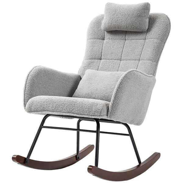 English Elm HOMCOM Boucle Rocking Chair with Headrest & Lumbar Pillow, High Back Plush Foam, Steel Frame, Light Gray W2225P249588