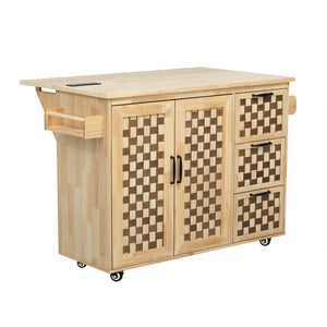 English Elm K&K Vintage Woven Checkerboard Kitchen Island 53.2" with Drop Leaf, Power Outlet, 5 Wheels, Storage N707P215328Y