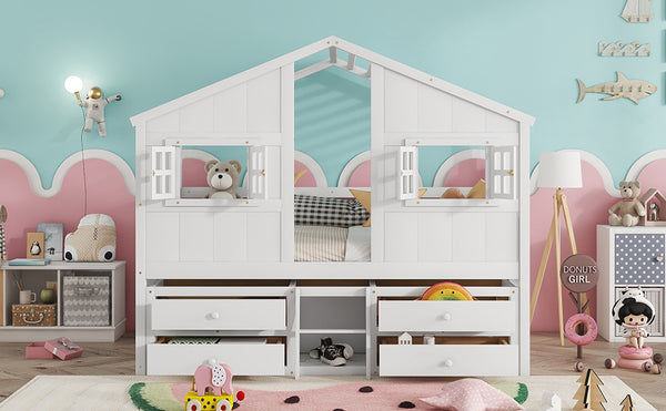 English Elm Full Size House Loft Bed With Roof & Windows, 4 Storage Drawers, Pine Wood, Safe Guardrails & Ladder W504S00242