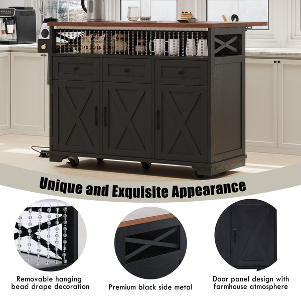 English Elm K&K 46.5'' Farmhouse Kitchen Island Cart with Beaded Drapes, Drop Leaf, Power Hub, Ample Storage Black N707P254872B