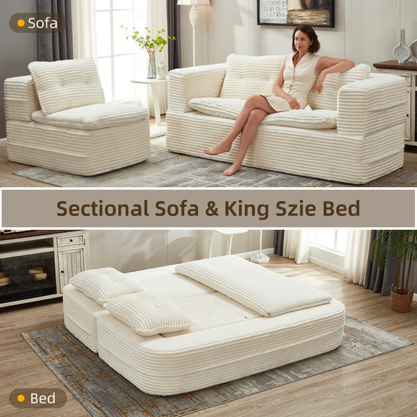 English Elm Multi Functional Sectional Sofa Bed Plush Corduroy Convertible 80" King Sleeper with Chaise, Deep Fluff Beige W3219P339464