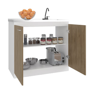 English Elm Zurich Freestanding Stainless Steel Utility Sink with Black Storage Cabinet for Garage Natural+White B200S00456