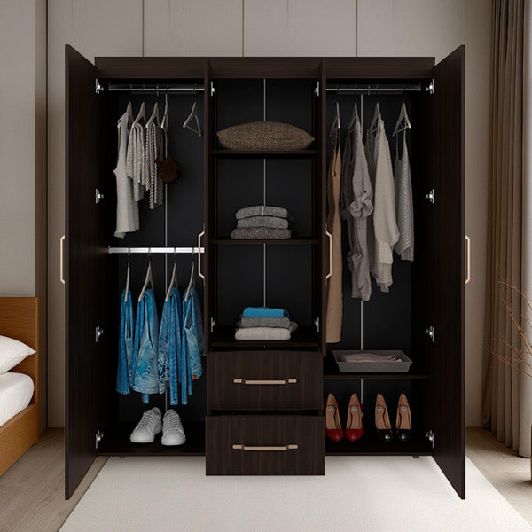 English Elm Stained Walnut Four Door Wardrobe with Rods Shelves and Drawers for Bedroom B062S01864