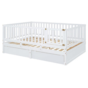 English Elm Full Size Pinewood Kids Daybed with Fence Rails Split Floor Bed and Storage Drawers White LP100882AAK