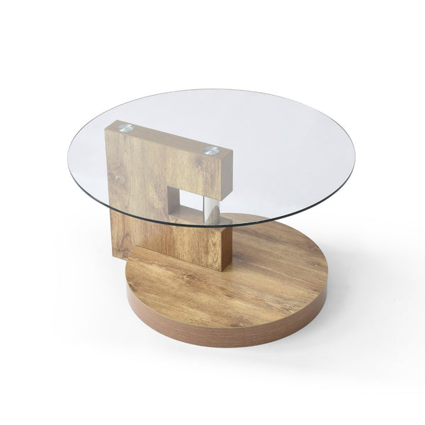 English Elm Modern Round Glass Top Coffee Table with Wood Mdf Base and Open Lower Shelf Natural W1117P272166