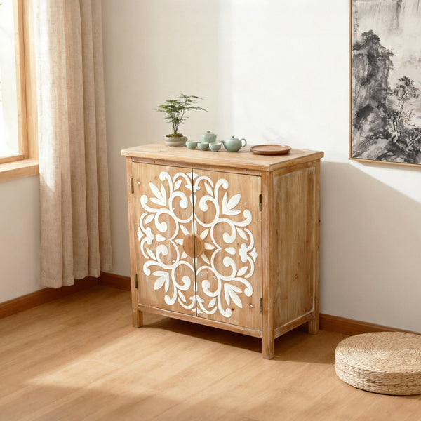 English Elm Rustic Wooden Accent Cabinet with Floral Carved Doors, Antique Brown White, Sturdy 2-Door Storage for Entryway, Dining Room, Living Room W2295P365012