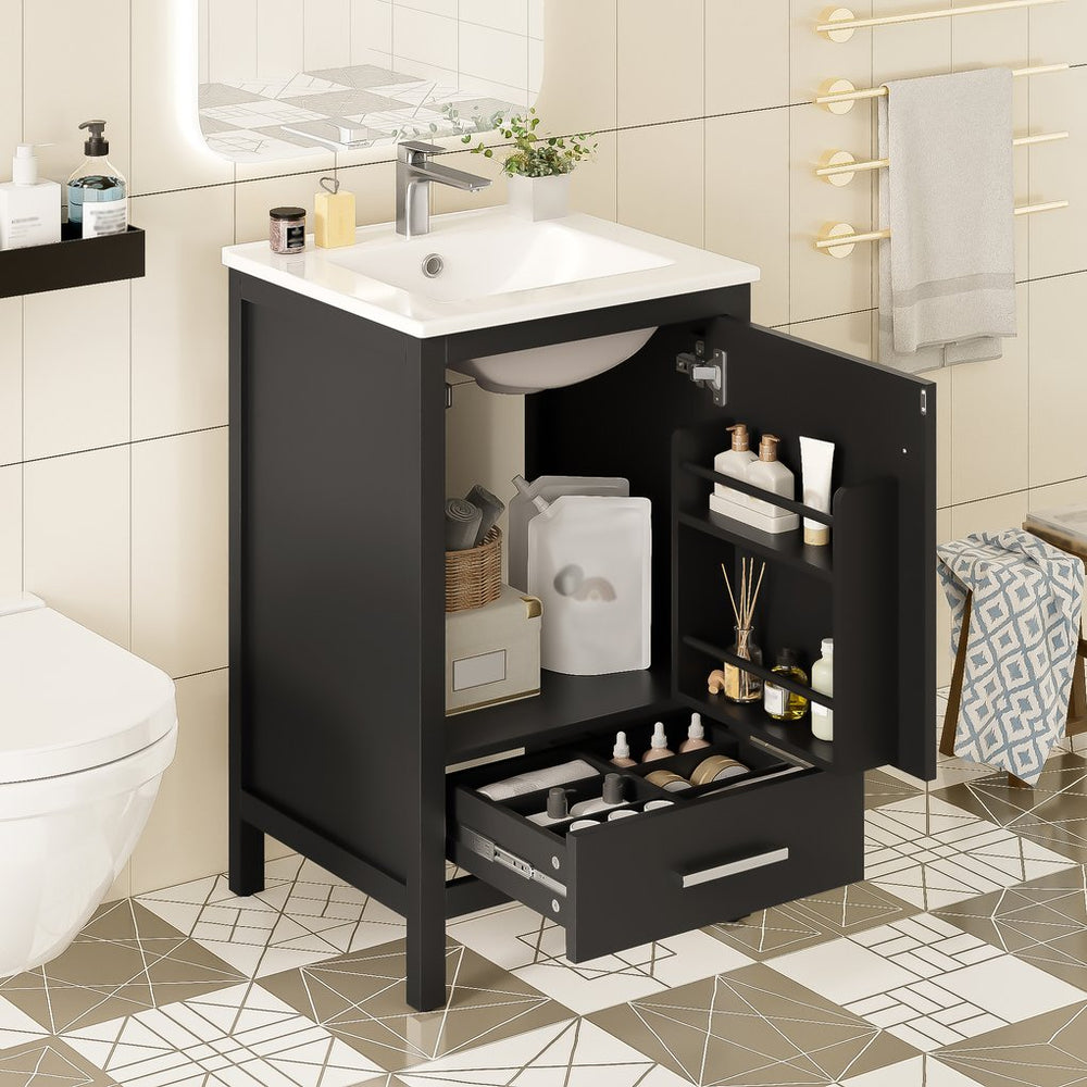 English Elm 20-Inch Compact Bathroom Vanity with Ceramic Sink, Soft-Close Storage, Divider Drawer & Easy Plumbing Access Black N729P334847B